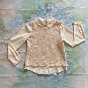 White Rose Knit Faux two Piece Long Sleeve Peter Pan Collar S